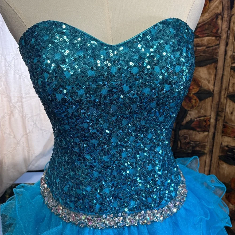 Blue Sequin Strapless Dress Y2K - Picture 2 of 12